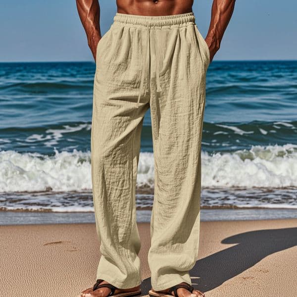 Cross-Border Amazon Style Cotton Linen In-Stock Plus Size Men's Pants Breathable Sweat-Absorbent Solid Color Long Pants Basic Style Casual Wide-Leg Pants