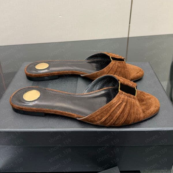 babylone mules in smooth leather Flat Brown Chamois Suede Scuffs peep toe Babylone Mules Slippers letter Buckle Strap Flat Heel sandals Classic designer shoes