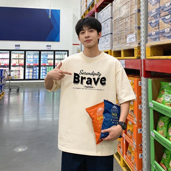 Men's Oversized Polyester Short Sleeve T-Shirt "Serendipity Brave" Letter Print Vintage Casual Streetwear Top