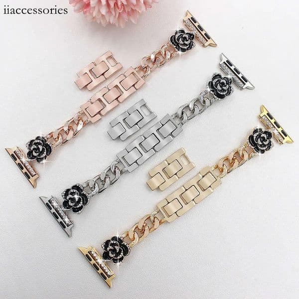 Watch strap Dual Chain Camellia Diamond Watch Band Compatible with Series 4-9 Ultra SE