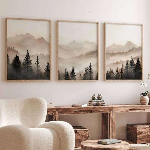 Abstract Forest Mountains Triptych Minimalist Modern Foggy Landscape Prints Set of 3 Printable Neutral Nature Wall Art Gift 26L0331