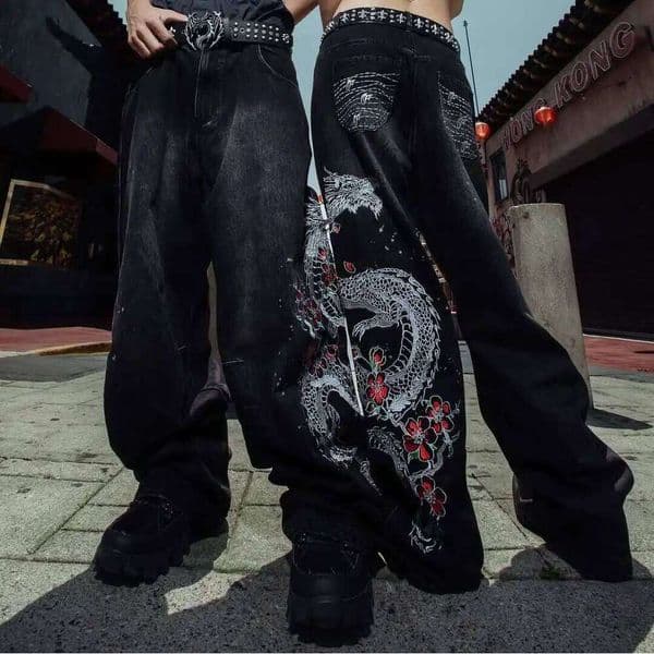 New Dragon Pattern Jeans American High Htreet Vintage Gothic Mens Straight Harajuku Korean Y2K Graffiti Wide Pants S260327