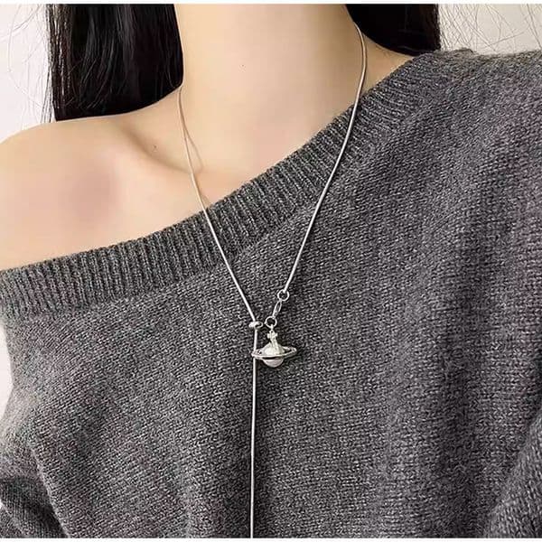Silver Long-Chain Fringe Planet Sweater Necklace Designer Bracelet Luxurious and Exquisite Women's Jewelry Adjustable Pendan