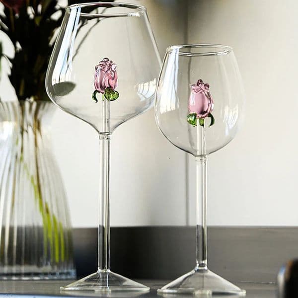 Creative 3D Pink Glass Rose Build-In Red White Wine Glasses Cup Drinkware Goblet Champagne Flute Household Lovely Valentine Gift 260330