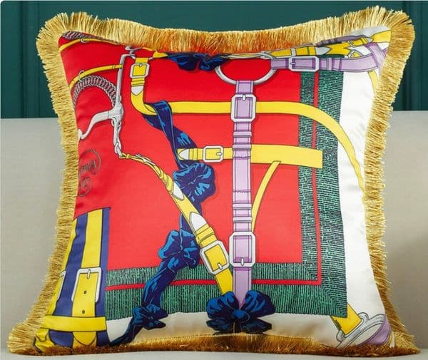 Luxury Cushion Velvet Tassel saddle print pillow living room sofa modern light high quality villa model room plush cushion cover ywstyjj2026