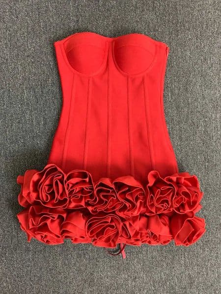 Women Red Evening Bandage Dress Hot Strapless Bodycon Flowers Hem Laced Up Mini Celebrity Birthday Party Dresses One Piece Gala T251206
