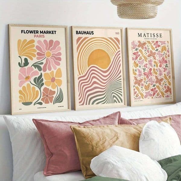 3pcs Frameless Bohemian Canvas Wall Art,Abstract Flowers and Bauhaus Aesthetics,Retro Style Posters,Bedroom,Living Room Decor 26L0331