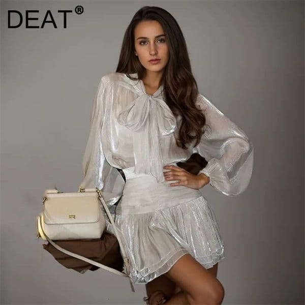 DEAT Fashion 2 Piece Set Womens Bow Tie Tied Long Sleeves Blouse Highe Waist Pleated Mini Skirt 260321