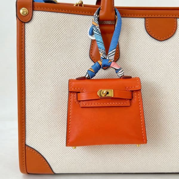 Premium Designer Handmade Mini Leather Bag Charm, Orange Luxury Designer-Style Mini Bag Pendant, Genuine Leather Bag Accessory, Cute Mini Bag Keychain