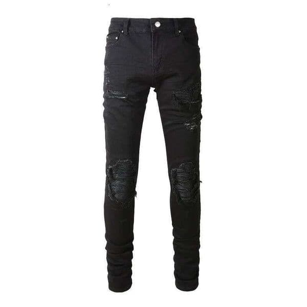 Men Leather Patch Biker Jeans for Motorcycle Streetwear Holes Ripped Patchwork Stretch Denim Pants Black Skinny Tapered Trousers S260327