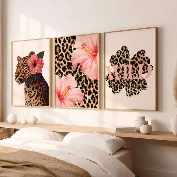 1/3pcs Funky Y2K Leopard Hibiscus Flower Pink Cheetah Canvas Print Poster Vintage Hawaiian Aloha Animal Art Prints Home Decor 26L0331