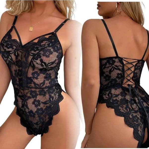 Sexy Crotchless Lace Bodysuits Sexy Lingerie for Women Transparent Back Open Bandage Bra Sets Erotic Costumes Porn Underwear S26327
