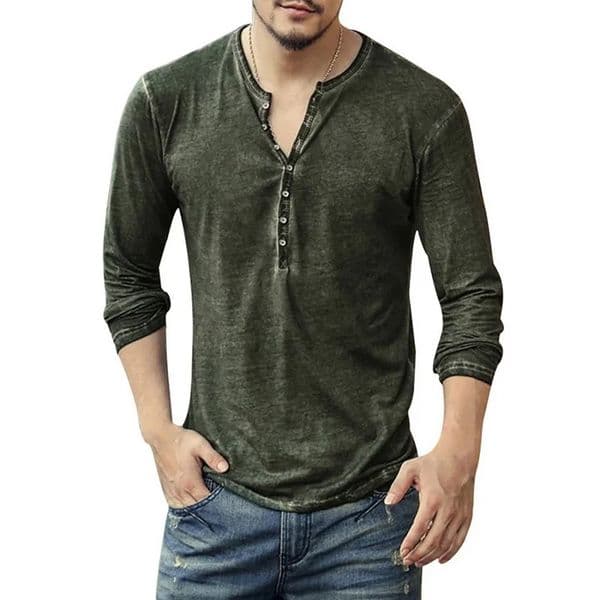 Men Tee Shirt V-neck Long Sleeve TeeTops Stylish Buttons T-shirt 2026 Autumn Casual Henley shirt Solid Male Clothing 5XL 260323