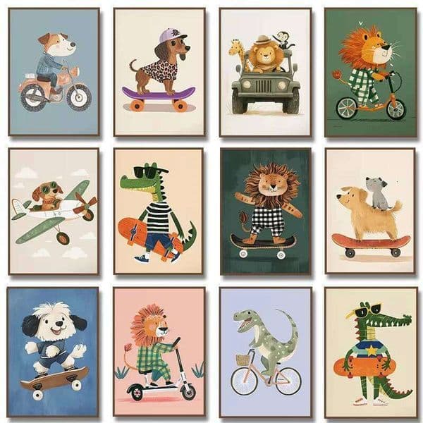 Minimalist Cute Skateboard Animal Wall Art Dog, Lion, Crocodile, Tiger, Bear, and Car Canvas Print Home Decor for Kids' Rooms 26L0331