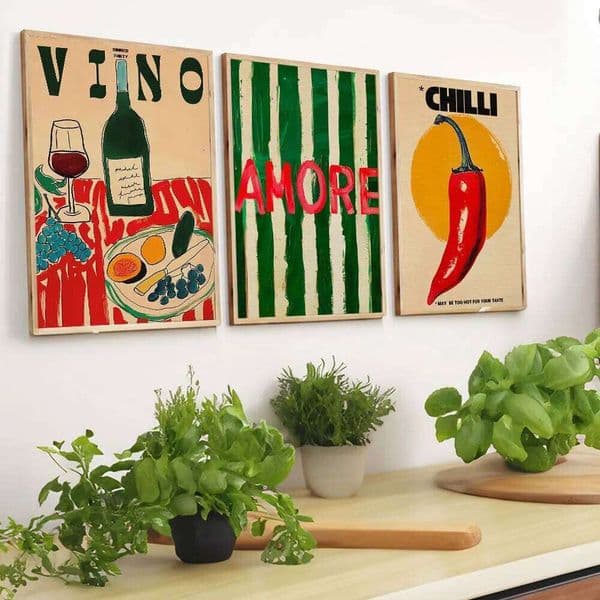 Amore Green Striped Canvas Printing Vino Wine Glass & Pepper Wall Art Poster Modern Living Room Bedroom Kitchen Home Decor Gifts 26L0331