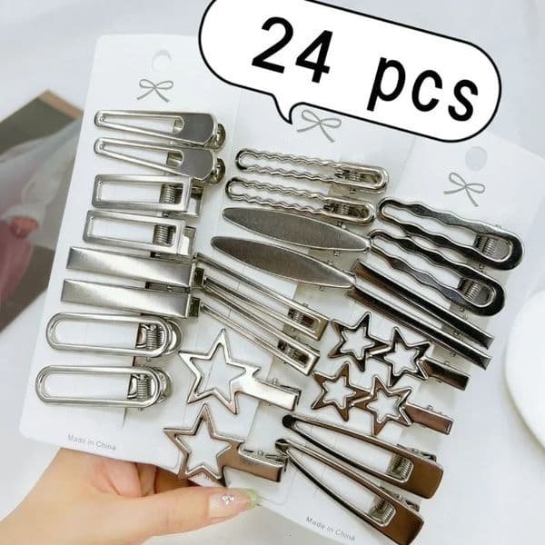 24Pcs/Set Y2K Silver Metal Hairpins for Women Girls Star Hair Clip Multiple Styles Seamless Duckbill Clip Girls Hair Accessoires 260331BJ