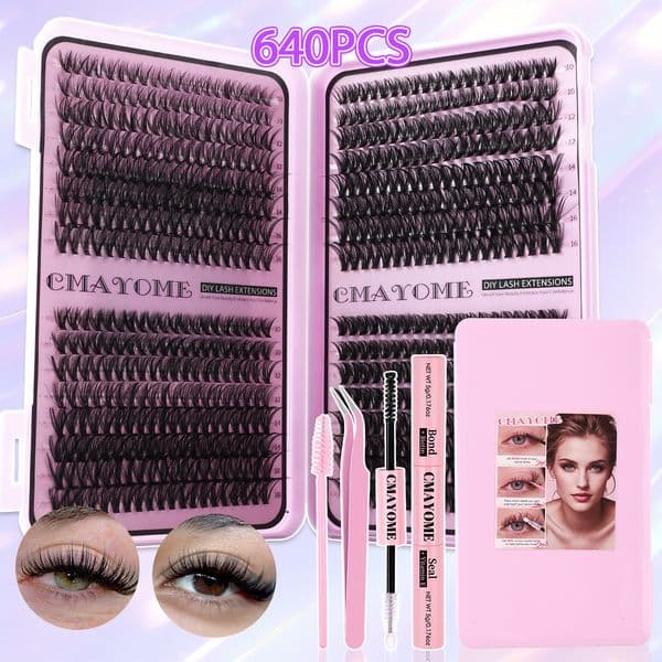 DIY Eyelash Extensions Kit with Lash Bond and Seal Strong Hold Fluffy Wispy DIY Lash Clusters Natural Looking Thick Individual Eyelashes Easy Application