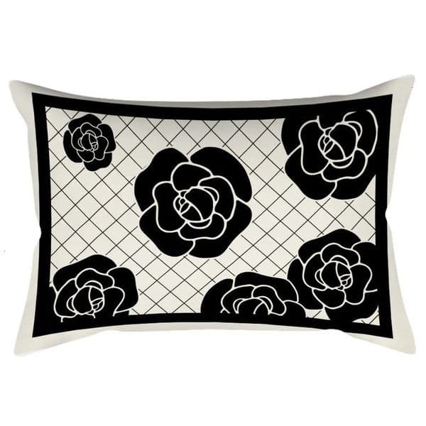 Black and White Camellia Lumbar Pillow for Living Room Sofa Bedside Office and Car Cushion