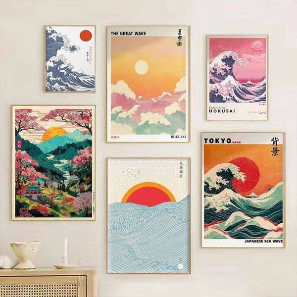 Japanese Mount Fuji Waves Canvas Print Retro Classic Sunrise Temple Landscape Poster Home Living Room Decor Gift 26L0331