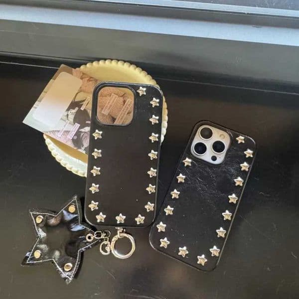 Fashion Stereoscopic Silver Metal Stars Rivet Black Leather Pendant Unisex Phone Cover for 17 16 15 14 Pro Max 17Air Case S26331