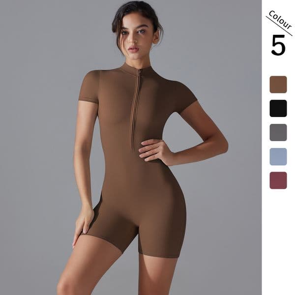 New Designer Jumpsuit, Women's Nude Zipper Short Sleeve Shorts Skinny Yoga Jumpsuit, Stretchy Tight Bodysuit for Dance Fitness Sports