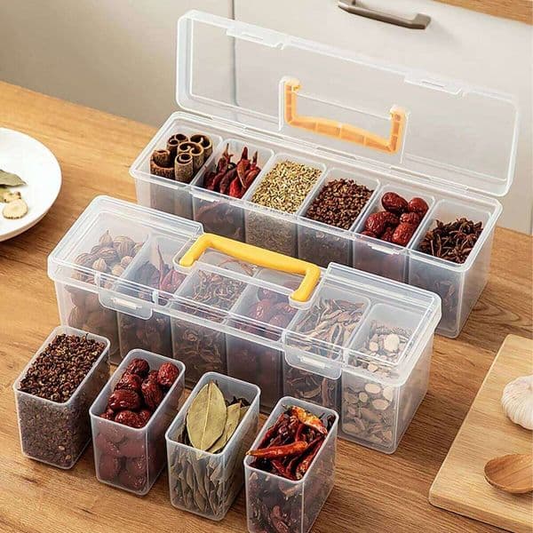6 Compartment Sealed Spice Container Reusable Moisture-proof Plastic Food Storage Box With Handle Kitchen Organizer