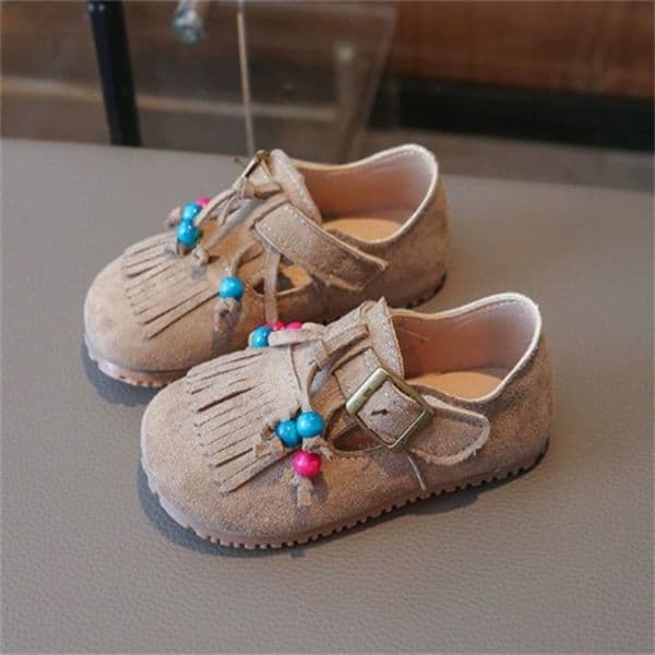2026 New New Childrens Casual Sneaker Girls Leather Shoe Spring Autumn Kids Flat Shoes Tassels Princess Sandals Colorful Beaded Toddler Infant Footwear Designer F