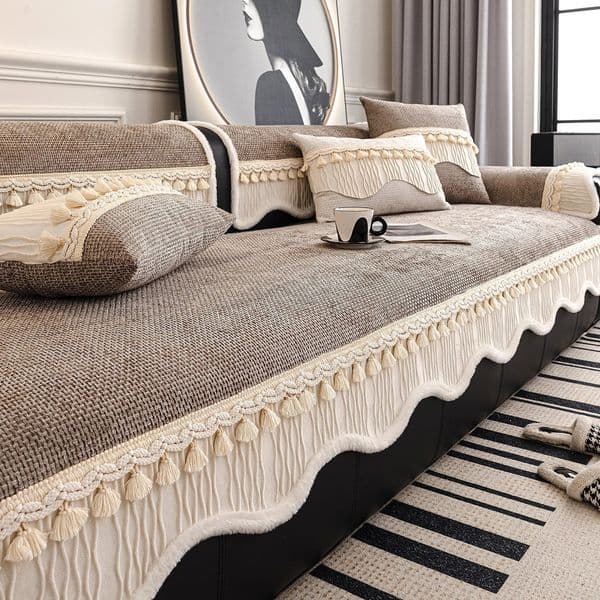 Weaving Chenille with Contrast Velvet Hem Tassels Decor Sofa Cover NonSlip Towel for All Seasons Living Room Couches 260429
