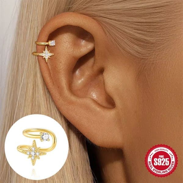 ROXI Octagonal Star Double Layer 925 Sterling Silver Classic Adjustable Ear Clip For Women Daily Wearable Versatile Accessories 260429