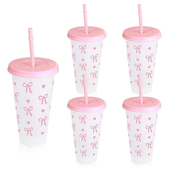 125pcs Kawaii Bow Reusable Party Cups with Straw Lid Coffee Juice Tea Cute Tumbler With Plastic Summer Gifts 260429