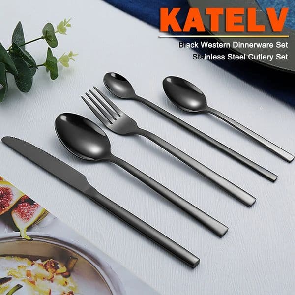 Western Tableware Black Dinnerware Set 6 Pieces Cutlery Set Stainless Steel Knife Fork IceTea Spoon Party Classic Silverware Set 260430