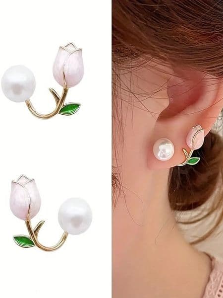 Tulip Flower Faux Pearl Ear Cuff Stud Earrings with Green Leaf Detail 260429