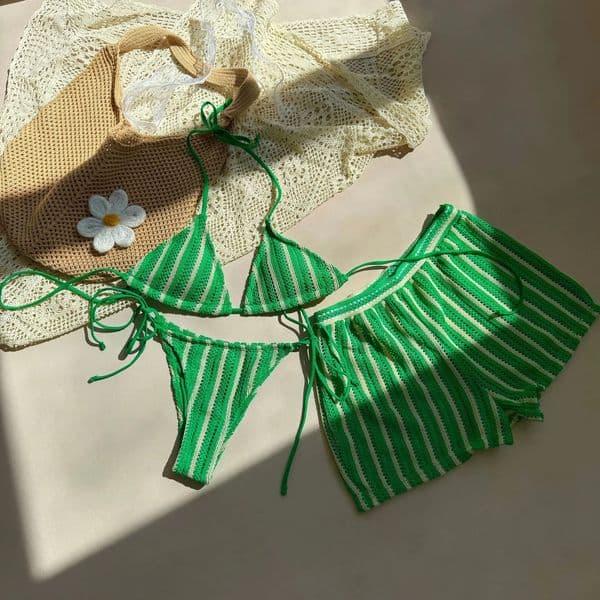 Sexy Green Orange Striped Bikini Set Women Halter Push Up High Waist Panties 3 Piece Swimsuit 2026 Summer Bathing Suit Swimwear 260429