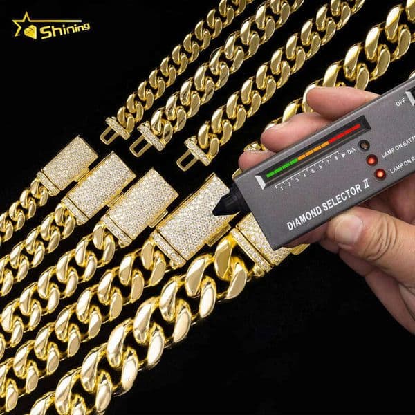 Hip Hop Jewelry Moissanite Clasp 8mm 10mm 12mm 14mm 18mm Sterling Silver 14K 18K Gold Necklace Mens Gold Plated Miami Cuban Link Chain