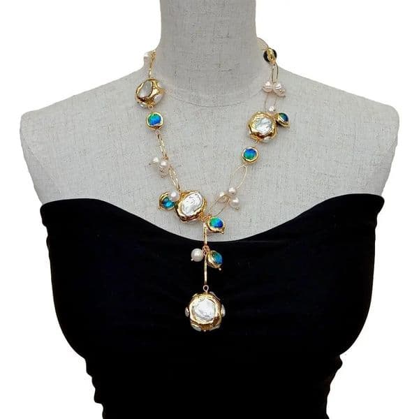 YYGEM Blue Murano Glass Freshwater Cultured White Keshi Pearl Gold Filled Chain Necklace 21 260429