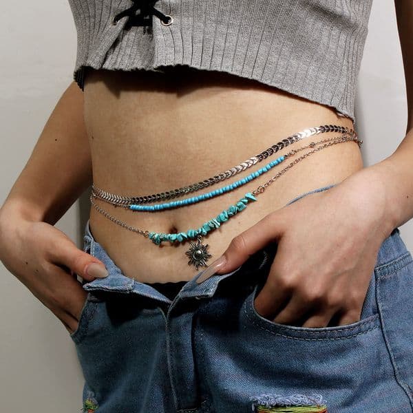 Comfortable style simple multi-layer geometric gravel turquoise waist Gift Earrings with vintage sunflower pendant Party Earrings body chain for women BL22890