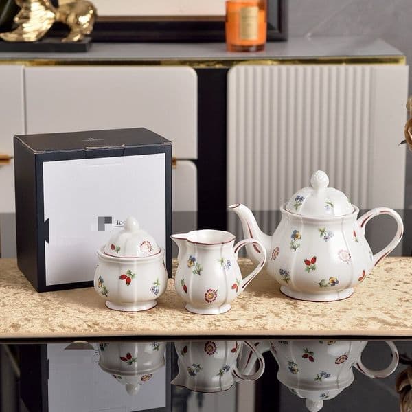 European Floral Coffee Cup and Saucer Set, Teapot, Sugar Pot, Milk Pot, Soup Plate, Size Plate, Coffee Cup and Saucer, Western Food Plate.