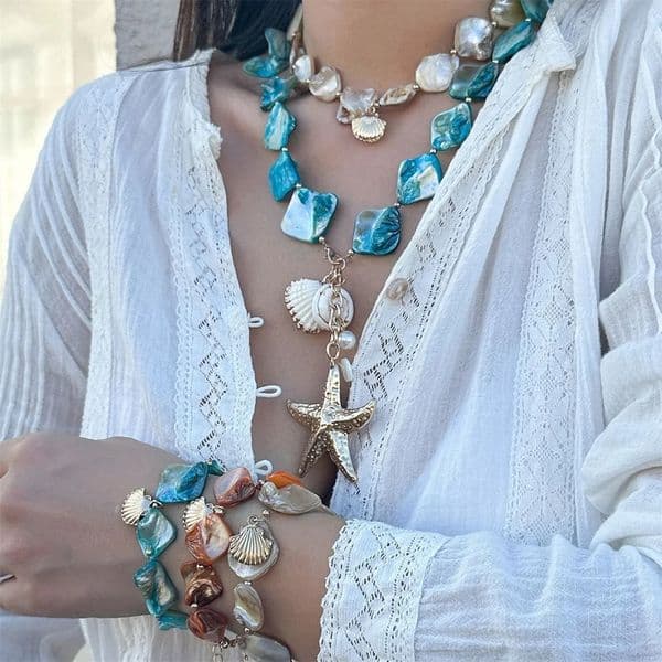 Personality Starfish Seahorses Pendant Necklace for Women Trendy Shell Beaded Chain Necklace Ocean Series Vacation Beach Jewelry 260429