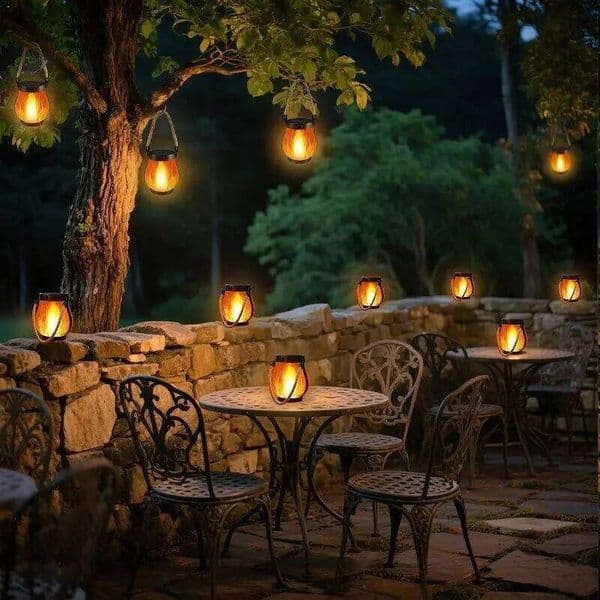 Solar Powered Flame Lights,Garden Lantern Dancing Flickering LED Light Yard Decor With Rope Rechargeable Camping Lamp 2 Modes