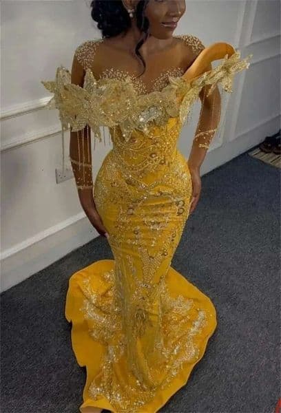 Nigeria Yellow Mermaid Evening Dresses Elegant African Tassel Beaded Crystals Prom Dress Pearls Celebrity Party Gowns Plus Size Customized 1020