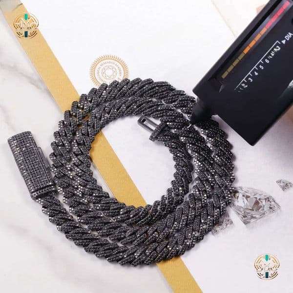 VVS Diamond 2rows 10mm 12mm S925 Silver Hip Hop Necklace Men Black Moissanite Cuban Link Chain For Fashion Jewelry