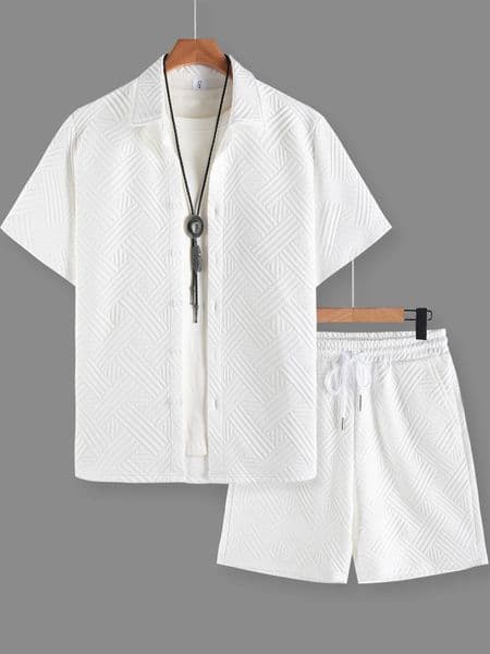 Mens Korean y Textured Set 3D Embossed Shirt Matching Shorts Loungewear 260430