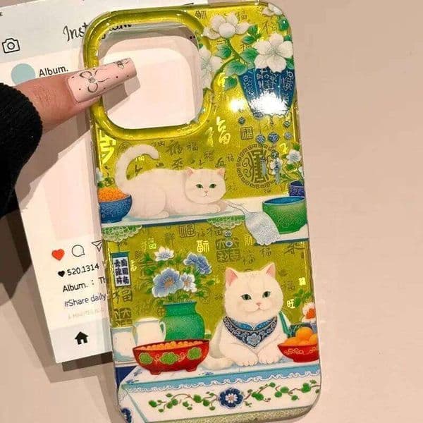 Chinese Style Fashion Green White Kitten Baifufu Phone Case For 17 Air 16 15 14 13 12 11 Pro Max Plus Advenced Shell 26Y0430