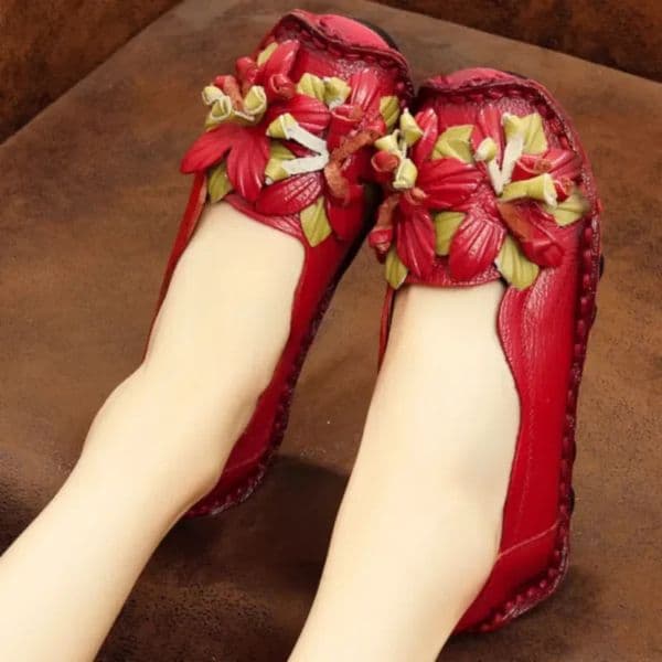 Genuine Leather Summer Flats Women Soft Slip-On Flat Shoes Black Red Floral Mom Loafers Moccasin Lady Shoes 2024 260410