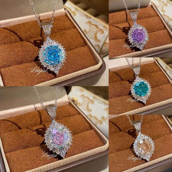 Octagonal Millennium Rose Cut Ice Sea Blue Pendant, Light Luxury Fashion Full High Carbon Diamond Paraiba Necklace, Collarbone Chain