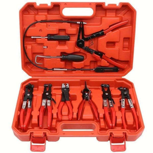 9pcs with Flexible Wire Long Reach Swivel Jaw and Flat Band Pliers, Hose Clamp Tool