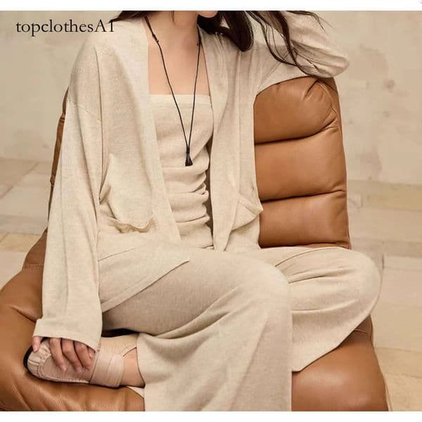 Elegant Lady Style Knit Cardigan With Tube Top And Wide-Leg Pants Three-Piece Spring Women's Fashion Set MAKOUFEI