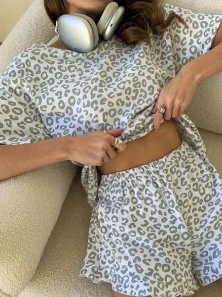 Leopard Print Pajama Set for Women Summer Sexy Crop Top and Shorts Loungewear Loose Short Sleeve Sleepwear Home Outfit 260429