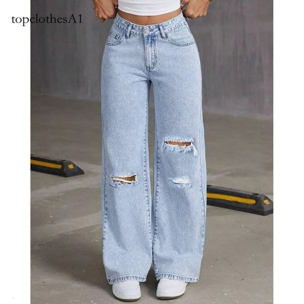 New Style Loose Light Blue Washed Wide-Leg Jeans Solid Color Long Pants WOMEN JEANS MAKOUFEI