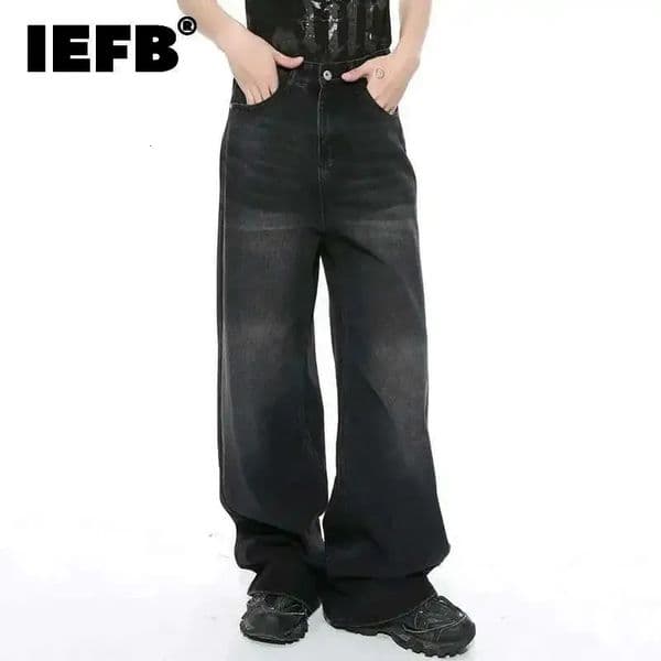 IEFB Worn Out Male Jeans Vintage Gradient Color Mens Wide Leg Pants High Street Pockets Men Denim Straight Trousers 9C4510 260430